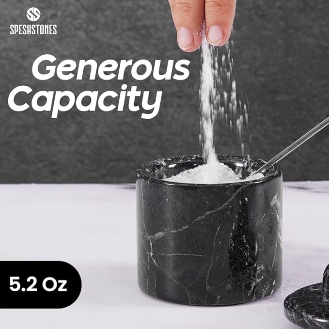 Marble Salt Cellar Black 4 Inch Salt Jar with Lid, Table Salt Containers for Countertop, Salt Dish, Salt Holder, Spice Jars, Sugar Bowl, Seasoning Container Set of 2, Salt Dispenser