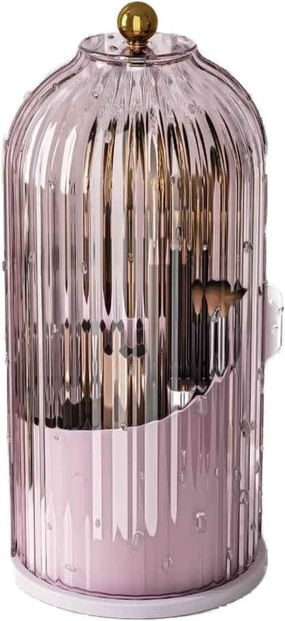 GAXmi Makeup Brush Holder with Lid Cosmetic Tools Organizer 360 Rotating Waterproof Dustproof Beauty Brushes Storage for Vanity, Pink-Purple