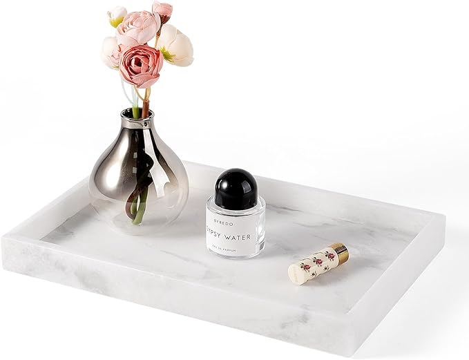Real Natural Marble Tray, 11.7" x 7.8" Decorative Vanity Tray for Bathroom Countertop, Kitchen Counter, or Catchall, White Coffee Table Tray for Jewelry, Perfume, Candles, Office, Home Decor