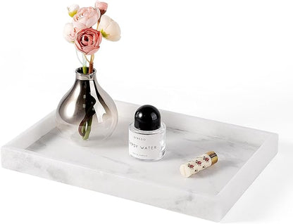 Real Natural Marble Tray, 11.7" x 7.8" Decorative Vanity Tray for Bathroom Countertop, Kitchen Counter, or Catchall, White Coffee Table Tray for Jewelry, Perfume, Candles, Office, Home Decor