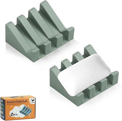 Self Draining Soap Dish Holder,Silicone Soap Dish,for Bathroom,Kitchen, Sponges，Can Extend Soap Life，Keep Soap Bars Dry and Easy Cleaning (Green,2-Pack)