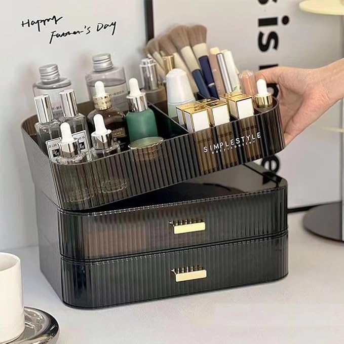 Stackable Makeup Organizer Drawers, Bathroom Vanity Organizers and Storage, Ideal for Desk and Dresser Countertops, Great for Cosmetics, skincare, Lipsticks, Nail Care -Black