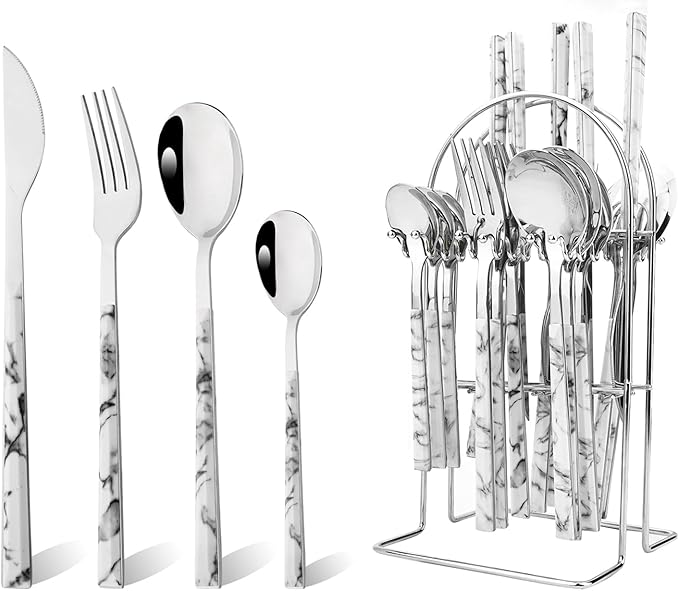 24piece Silverware Set with Hanging Holder, Stainless Steel Tableware Set With Cutlery Storage Rack, Decent Gift Box For Housewarming, Party, Dining - White Silver, set of 6