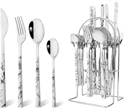 24piece Silverware Set with Hanging Holder, Stainless Steel Tableware Set With Cutlery Storage Rack, Decent Gift Box For Housewarming, Party, Dining - White Silver, set of 6