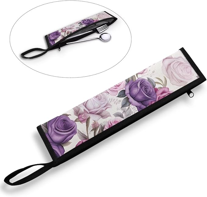 COEQINE Purple Rose Flower Utensil Holder Case for Home Work Outdoor Travel Accessories Fork Spoon Knife Organizer With Lid for Party Fashion Retro Style Floral Silverware Case