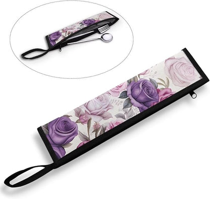 COEQINE Purple Rose Flower Utensil Holder Case for Home Work Outdoor Travel Accessories Fork Spoon Knife Organizer With Lid for Party Fashion Retro Style Floral Silverware Case