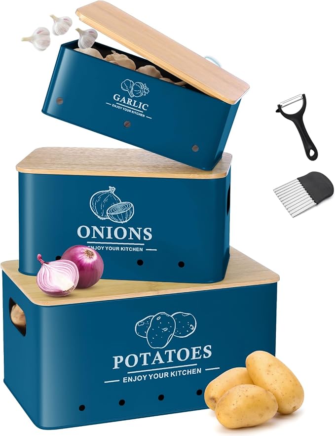 Kitchen Vegetable Storage Set of 3, Metal Onion Garlic Potato Storage Set, Kitchen Canisters Vegetable Keeper Containers with Aerating Holes and Wooden Lid (Dark Blue)