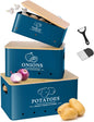 Kitchen Vegetable Storage Set of 3, Metal Onion Garlic Potato Storage Set, Kitchen Canisters Vegetable Keeper Containers with Aerating Holes and Wooden Lid (Dark Blue)