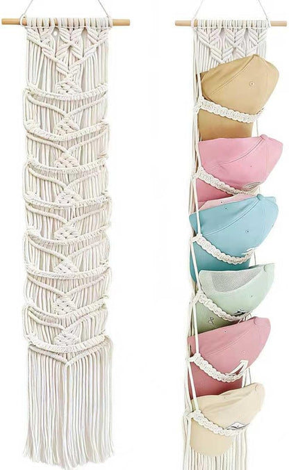 Macrame Hat Organizer Wall Mount for Baseball Caps - Handwoven Cotton Rope Cap Rack, Boho Home Decor, Holds Up to 8 Caps