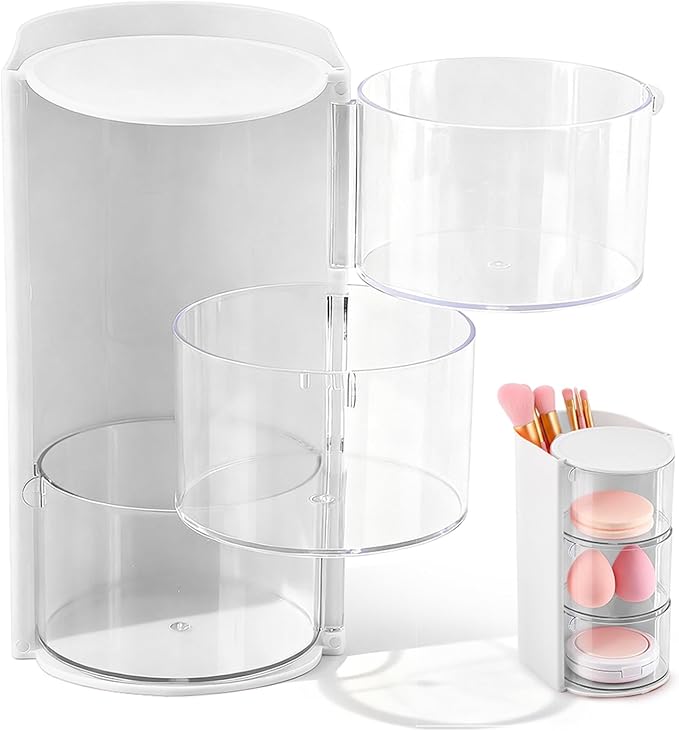 3-Layer Hair Accessories Organizer with Hair Brush Holder,Rotatable Makeup Brush Holder for Necklaces,Earring, Bracelet,Ring,Desktop Organizer Case for Cotton Swab(White)