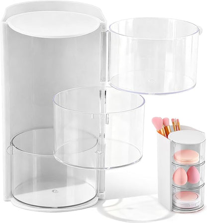 3-Layer Hair Accessories Organizer with Hair Brush Holder,Rotatable Makeup Brush Holder for Necklaces,Earring, Bracelet,Ring,Desktop Organizer Case for Cotton Swab(White)
