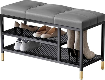3 Tier Shoe Organizer for Entryway, Shoe Racks with Cushion, Black Metal Frame Hallway Bench for Living Room Bedroom,Gray,60 x 32 x 47 cm