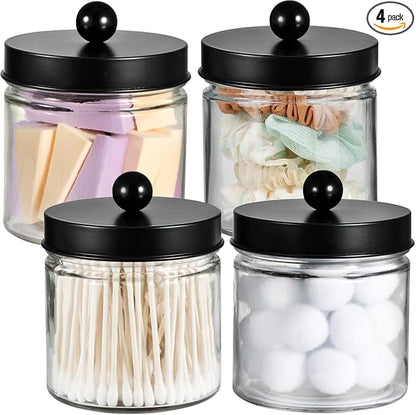 SheeChung Bathroom Organizers and Storage - 4Pack Qtip Holders Bathroom Canister Apothecary Jars for Cotton Swabs, Rounds, Balls, Qtips,Makeup Sponges, Flossers,Bath Salts - Black