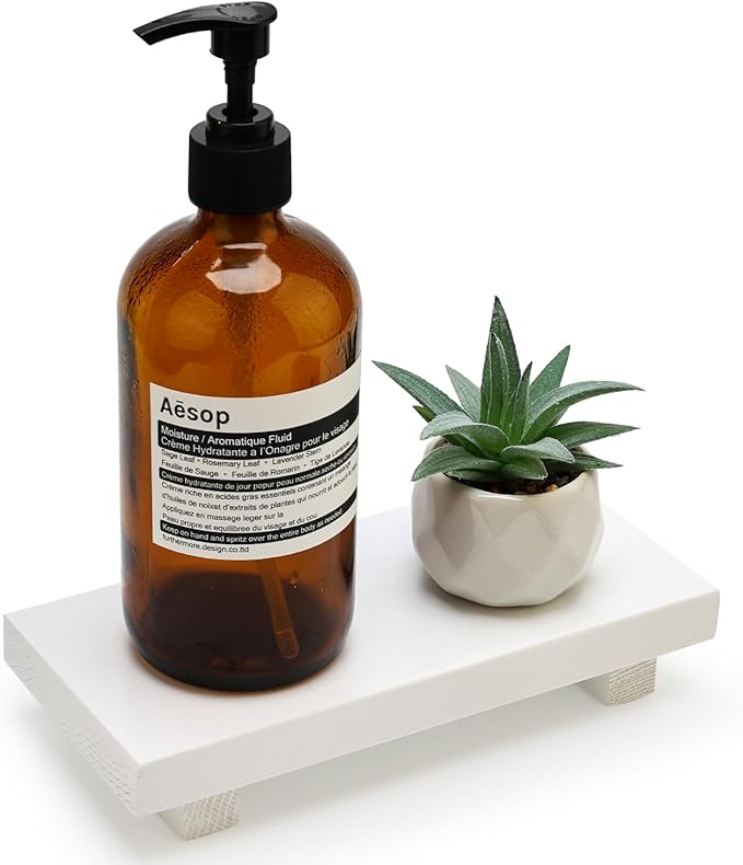 White Wooden Bathroom Counter Tray Organizer Small Wood Risers Pedestal Stand Kitchen Soap Dish Dispenser Holder for Bathroom Counter Decor Farmhouse Bathroom Sink Accessories Modern Vanity Tray