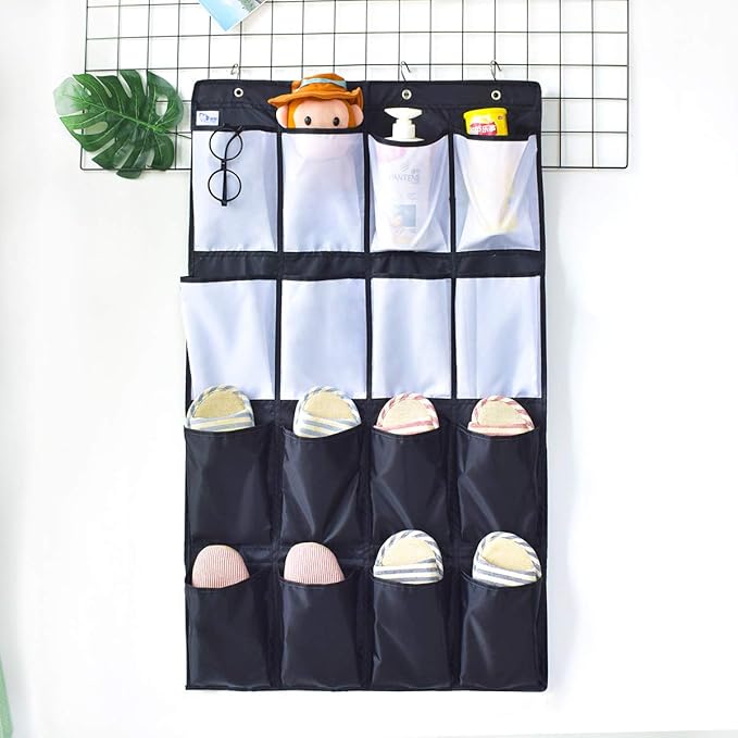HeyToo Over The Door Shoe Organizer 16 Large Oxford Fabric Pockets Accessory Storage Hanging Narrow Closet Wall Black and White