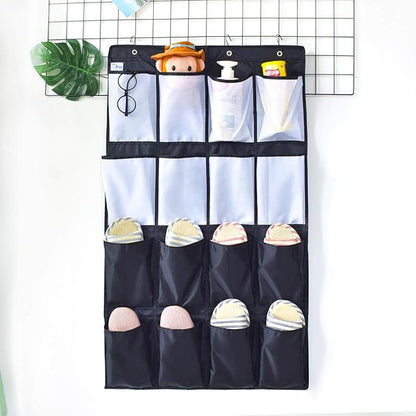 HeyToo Over The Door Shoe Organizer 16 Large Oxford Fabric Pockets Accessory Storage Hanging Narrow Closet Wall Black and White