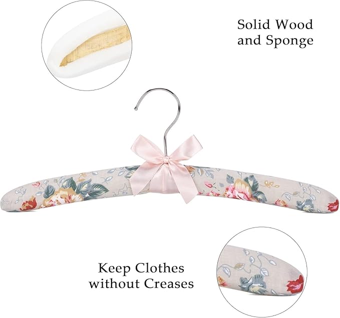 Decorative Padded Clothes Hangers, Floral Pattern with Satin Bow, Set of 5 (Rose)