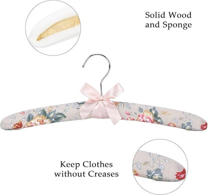 Decorative Padded Clothes Hangers, Floral Pattern with Satin Bow, Set of 5 (Rose)