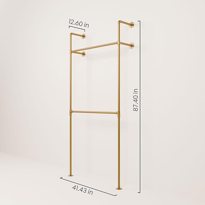 pamo Industrial Pipe Clothing Rack Gold - 441 lbs Capacity - Wall Mounted Clothes Rack and Walk In Closet for Wardrobe