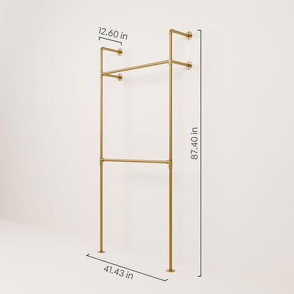 pamo Industrial Pipe Clothing Rack Gold - 441 lbs Capacity - Wall Mounted Clothes Rack and Walk In Closet for Wardrobe