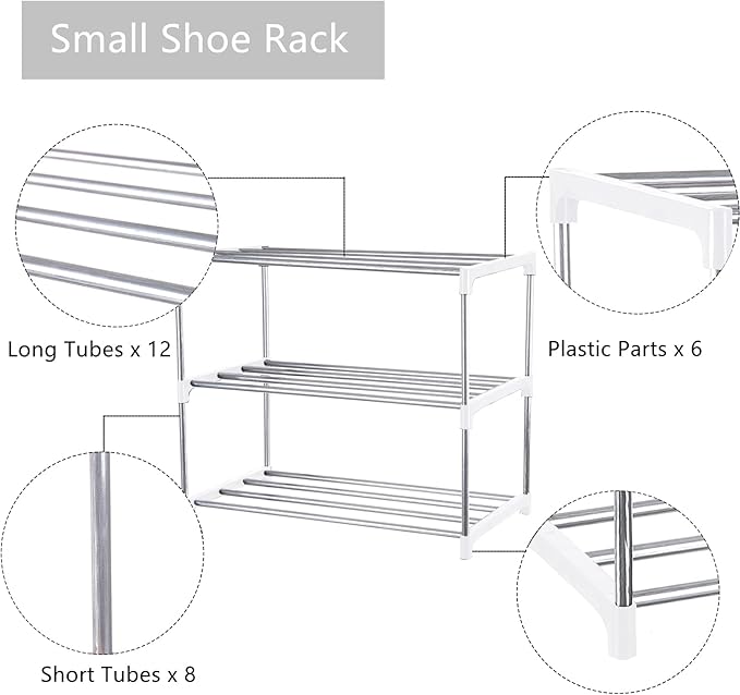 Small Shoe Rack, Narrow Stackable Shoe Shelf Organizer for Entryway, Doorway and Bedroom Closet (3-Tier, White)