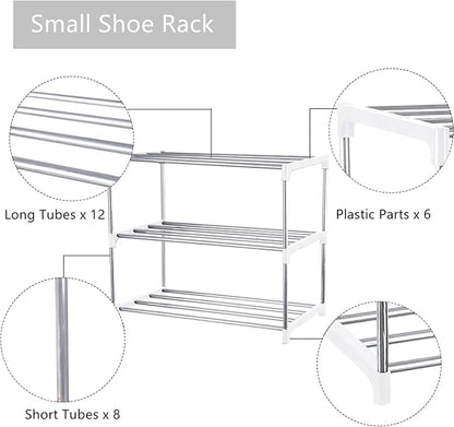Small Shoe Rack, Narrow Stackable Shoe Shelf Organizer for Entryway, Doorway and Bedroom Closet (3-Tier, White)