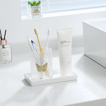 Luxspire Bathroom Vanity Tray, Mini Soap Dispenser, Small Ceramic Perfume and Jewelry Dish, Trinket Holder, Rectangle Candle Tray, Bath Organizer Kitchen Sink Narrow Dish, White