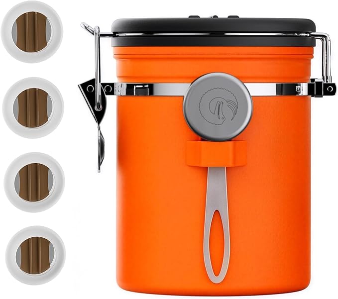 Coffee Gator Coffee Canister, 16oz Airtight Stainless Steel Kitchen Food Storage Container with Date Tracker, Scoop for Sugar,Grounds Coffee, Beans,Tea, Sugar, Cereal, Flour, Cookies Jars - Orange