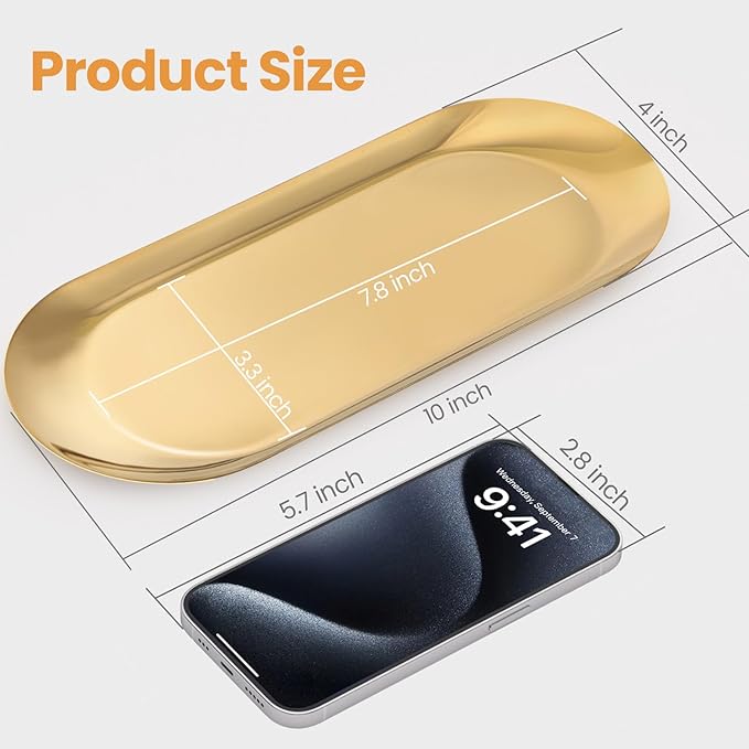 Gold Decorative Tray, 2 PCS Bathroom Vanity Tray for Dresser Counter, Elegant Jewelry Dish Tray for Decor, Gold Platter Serving Tray Organizer for Perfume Trinket Key Candle, Stainless Steel, Oval