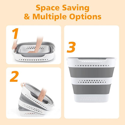 2 Pcs 42L Medium Collapsible Plastic Laundry Basket with Handles, Foldable Laundry Basket Hamper, Pop Up Storage Container Organizer for Washing Storage (Gery, 17 Inch * 13 Inch * 15 Inch)