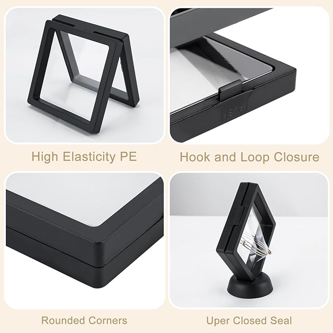 40 PCS Floating Display Case, 3D Challenge Coin Display Holder Frames with Stands, Transparent PE Jewelry Storage Box for Butterfly, Medallion, Shells, Gems, Pins, Specimen (Black)