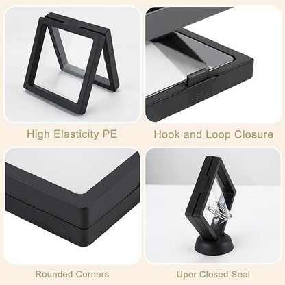 40 PCS Floating Display Case, 3D Challenge Coin Display Holder Frames with Stands, Transparent PE Jewelry Storage Box for Butterfly, Medallion, Shells, Gems, Pins, Specimen (Black)