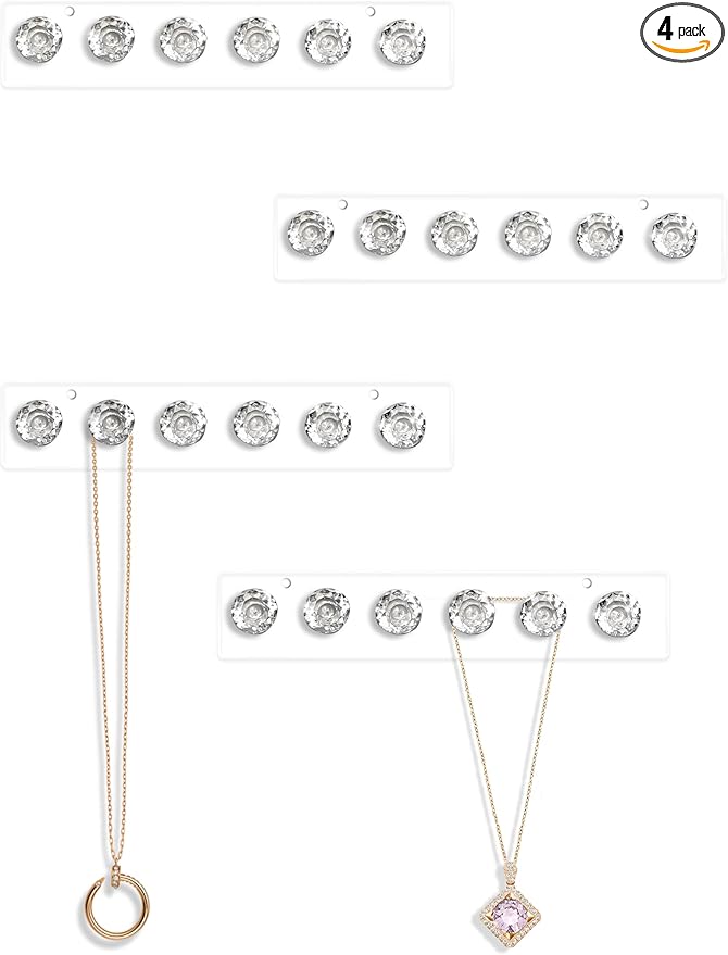Mymazn Acrylic Necklaces Holder Wall Mounted Necklace Hangers Hanging Jewelry Organizer with 6 Hooks, Clear Jewelry Hangers for Necklace Organizer for Girls Women, Necklace Hooks for Wall (4 Pack)