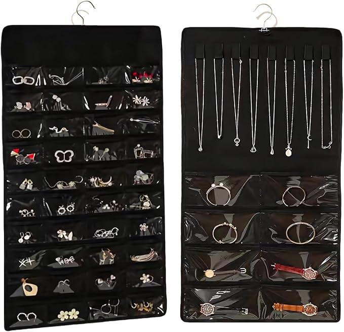 Double Sided Hanging Jewelry Organizer, 48 Pockets Clear Window Large Jewelry Hanging Organizer with Necklace Hanger, Wall/Door/Closet Stud Earring Bracelet Ring Storage