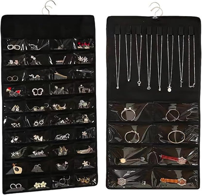 Double Sided Hanging Jewelry Organizer, 48 Pockets Clear Window Large Jewelry Hanging Organizer with Necklace Hanger, Wall/Door/Closet Stud Earring Bracelet Ring Storage