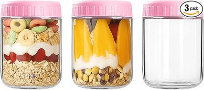 Overnight Oats Containers with Lids, 16oz Wide Mouth Mason Jars with Lids, 3 Pack Glass Jars with Airtight lid for Chia Pudding Yogurt Salad, Meal Prer Oatmeal Jars, Pink