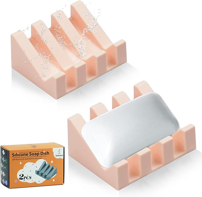2 Pack Self Draining Silicone Soap Dish with Suction Cups - Non-Slip Bar Soap Holder for Shower & Kitchen, Waterfall Tray Keeps Soap Dry, Easy Clean, Extends Soap Life (Pink)