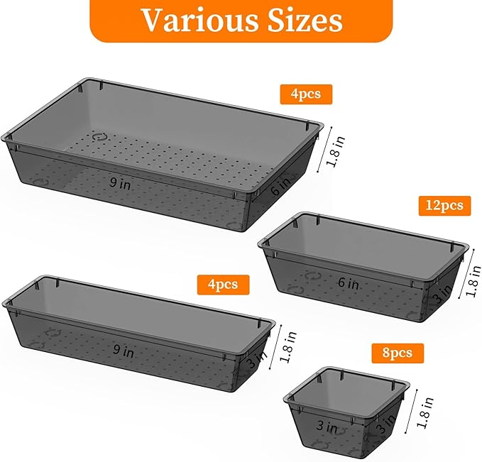 StorMiracle 32 PCS Clear Plastic Drawer Organizer Set, 4-Size vanity organizer Trays and Storage Bins for Makeup, Jewelry and Gadgets in Bedroom, Bathroom and Office, Clear Black