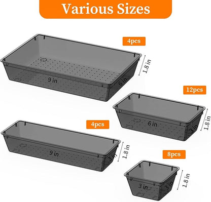 StorMiracle 32 PCS Clear Plastic Drawer Organizer Set, 4-Size vanity organizer Trays and Storage Bins for Makeup, Jewelry and Gadgets in Bedroom, Bathroom and Office, Clear Black