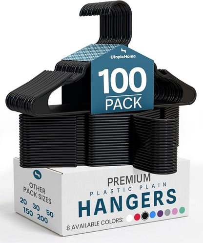 Utopia Home Plastic Hangers 100 Pack - Perfect Space Saving Clothes Hanger - Durable and Strong - Perfect Closet Organizers with Shoulder Grooves (Black)