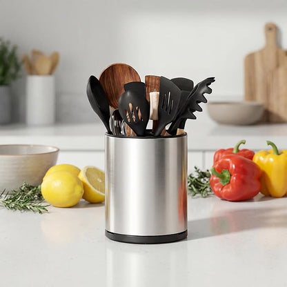 Utensil Holder For Kitchen Counter, Large 360°Rotating Stainless Steel Utensil Crock with 3 Compartment, Drainage Non-Slip