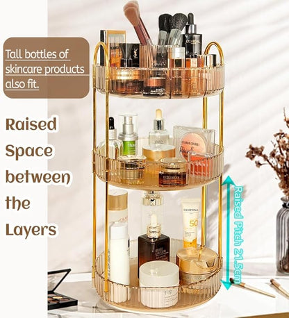 VNIMTI Skincare Organizers 360 Rotating, 3 Tier Makeup Organizer Countertop, Spinning Cosmetics Organizer Display Cases, Beauty Storage for Vanity, Countertop, Bathroon (Gold - Separate Grids)