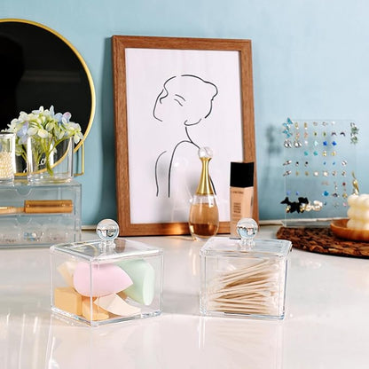 SheeChung Modern Square Acrylic Qtip Holder - Clear Apothecary Jar with Lid - Bathroom Vanity Storage Canister for Cotton Swabs, Balls, Pads - Compact Makeup Sponge Organizer