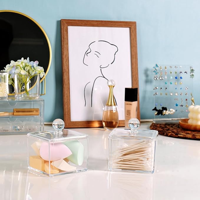SheeChung 2-Pack Modern Square Acrylic Qtip Holder - Clear Apothecary Jars with Lids - Bathroom Vanity Storage Canister - Shatterproof Square Organizers for Cotton Swabs, Pads-Modern Minimalist Decor