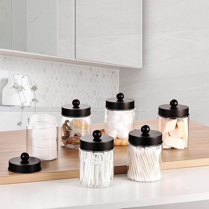 Amolliar Farmhouse Decor Qtip Holder Dispenser for Cotton Swabs,Balls, Cotton Pads, Floss - Clear Plastic Apothecary Jar for Bathroom Canister Storage, Vanity Countertop Makeup Organizer-Bronze (6)