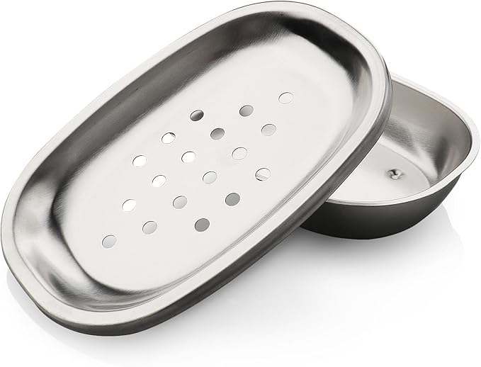Stainless Steel Soap Dish with Double Layer Draining for Bathroom, Chrome Brushed Nickel Soap Box with Drainage, Shower Countertop Tray (Dots)