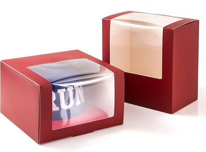 LADYBRO Red Gift Boxes with Window Display for Hat Storage Containter for Baseball Caps (Fitted, Snapbacks, Trucker), 7.8" x 7.8" x 4.8", 10 Pack