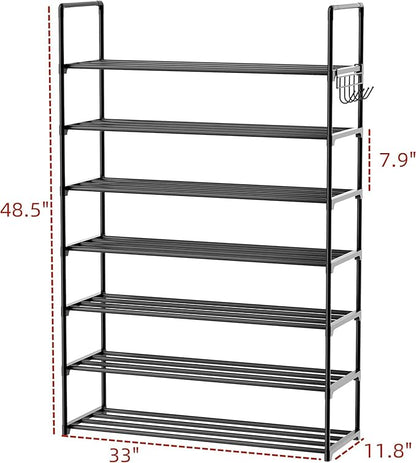 Metal Shoe Organizer,7 Tiers Shoe Storage Shoe Rack with Hooks,Fit 24-30 Pairs,Adjustable Shoe Shelf for Entryway,Hallway,Bedroom,Metal Bottom Support