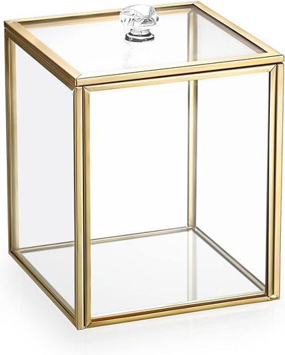 Hipiwe Gold Glass Vanity Box Vintage Apothecary Jars with Lids Cotton Pad Dispenser Qtip Holder Cotton Ball Swab Round Organizer Bathroom Canister Storage Jar for Q-tip, 3.9" L x 3.9" W x 4.7" H