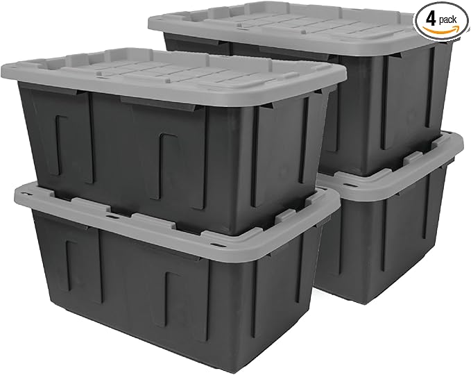 CX BLACK & YELLOW 27-Gallon Heavy Duty Storage Bins with Lids, Stackable Plastic Storage Bins with Weather-Resistant Design, Home Organization, 4 Pack (14.3H x 20.6W x 30.6D)